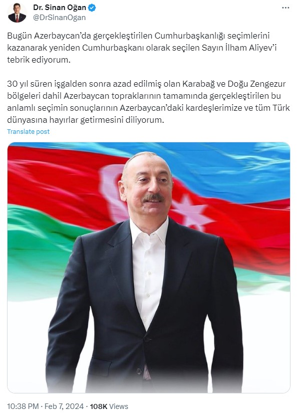 Sinan Oğandan Azərbaycan Prezidenti ilə bağlı paylaşım - FOTO