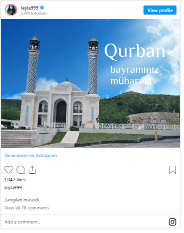 Leyla Əliyeva Qurban bayramı münasibətilə Azərbaycan xalqını təbrik edib