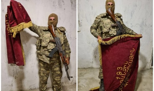 Ermənistanın ələ keçirilmiş döyüş bayraqlarının görüntüləri - FOTO