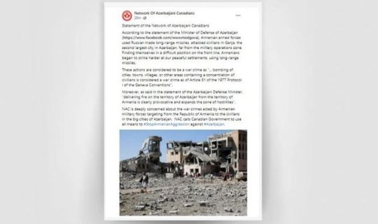 Kanada Azərbaycanlıları Şəbəkəsi Gəncənin atəşə tutulması ilə bağlı bəyanat yayıb