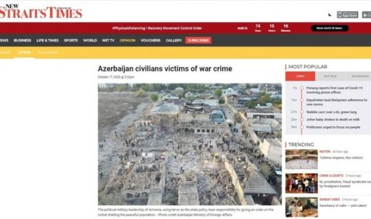 Malayziya qəzeti: “Azərbaycanın mülki əhalisi müharibə cinayətinin qurbanıdır”