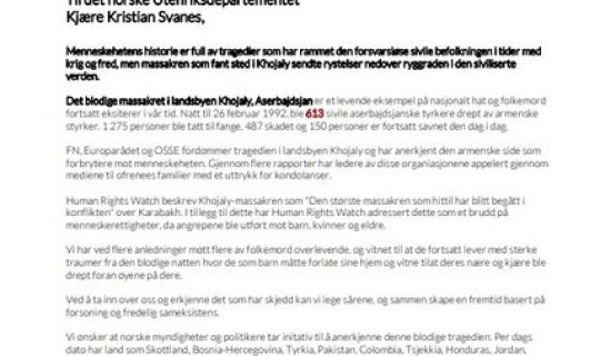 `Diaspor təşkilatı Norveç hökumətini Xocalı soyqırımını tanımağa çağırıb