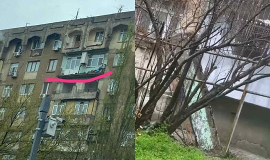 Bakıda binanın balkonu uçdu - VİDEO