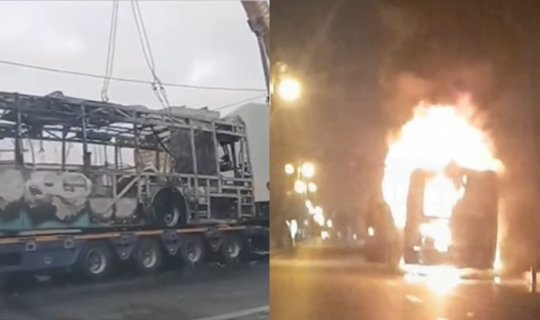 Bakıda sərnişin avtobusu yanıb - Video