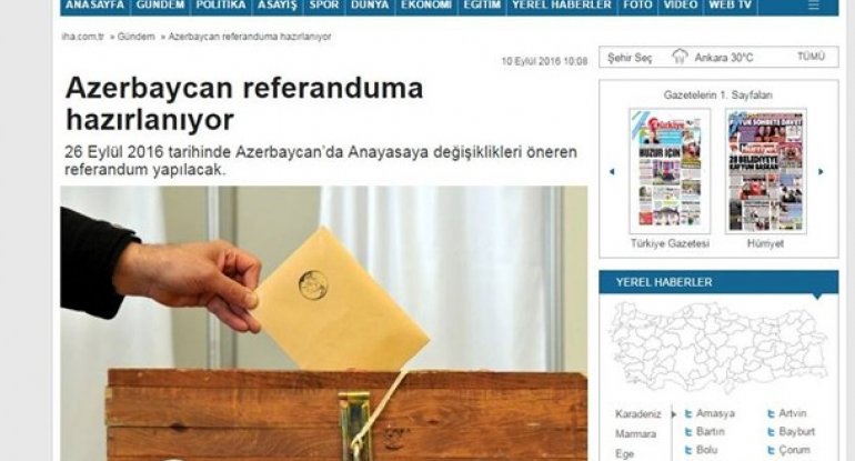 Türkiyə mediası Azərbaycanda keçiriləcək referendumdan yazıb