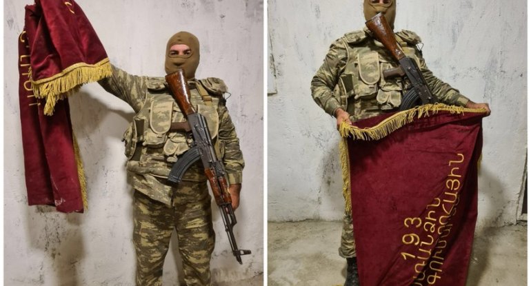 Ermənistanın ələ keçirilmiş döyüş bayraqlarının görüntüləri - FOTO