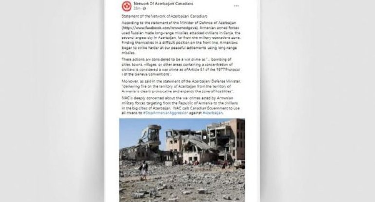 Kanada Azərbaycanlıları Şəbəkəsi Gəncənin atəşə tutulması ilə bağlı bəyanat yayıb
