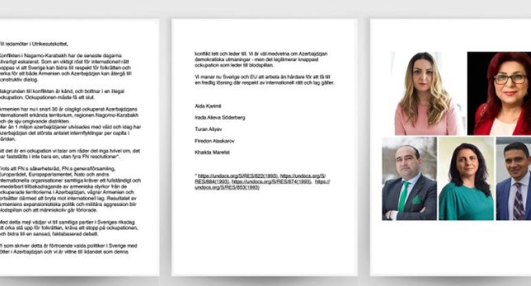 İsveç Krallığında yaşayan Azərbaycan əsilli siyasətçilər ölkə Parlamentinə müraciət edib