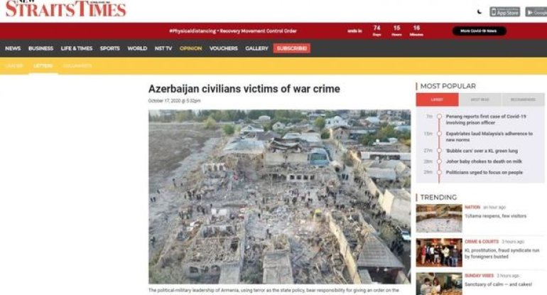Malayziya qəzeti: “Azərbaycanın mülki əhalisi müharibə cinayətinin qurbanıdır”