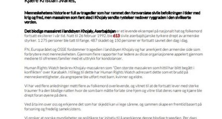 `Diaspor təşkilatı Norveç hökumətini Xocalı soyqırımını tanımağa çağırıb