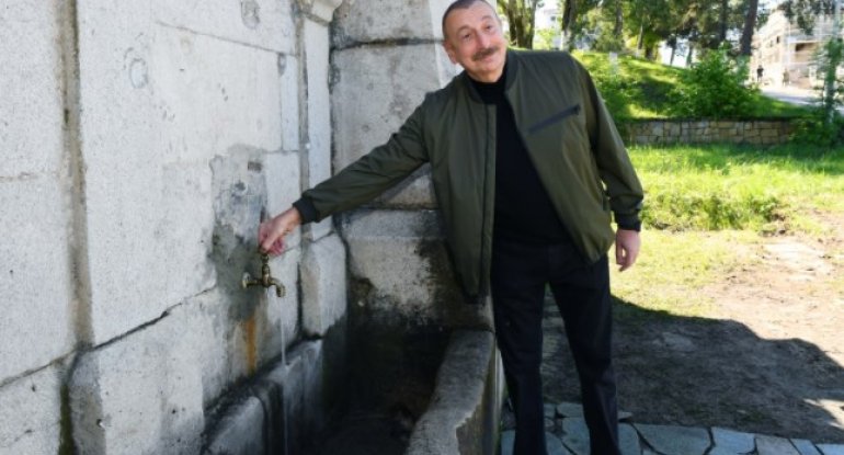 Prezident İlham Əliyev Şuşada bərpa edilən “Xan qızı” bulağında olub - FOTO