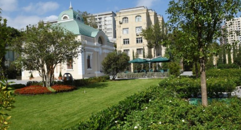 Bakıda parkda dekorativ daş uşağın üzərinə aşıb