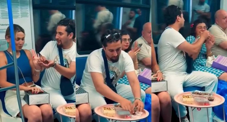 Metroda süfrə açıb insanlara "zorla" yemək yedirtdi - VİDEO