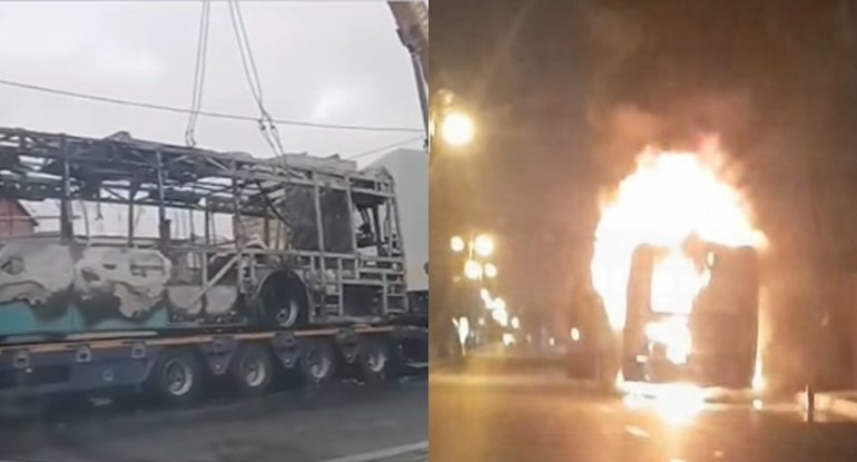 Bakıda sərnişin avtobusu yanıb - Video