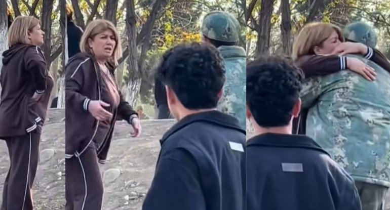 Əsgərin anası ilə görüntüsü viral oldu - VİDEO