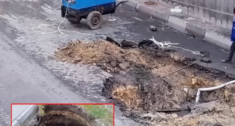 Bakıda kanalizasiya xəttinin keçdiyi ərazidə torpaq qatı çökdü - VİDEO