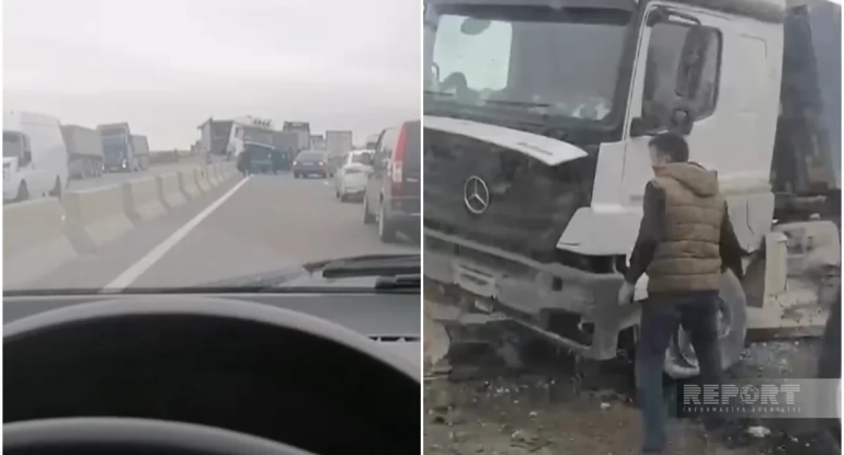 Bakı-Quba yolunda yük maşını beton arakəsməyə çırpılıb